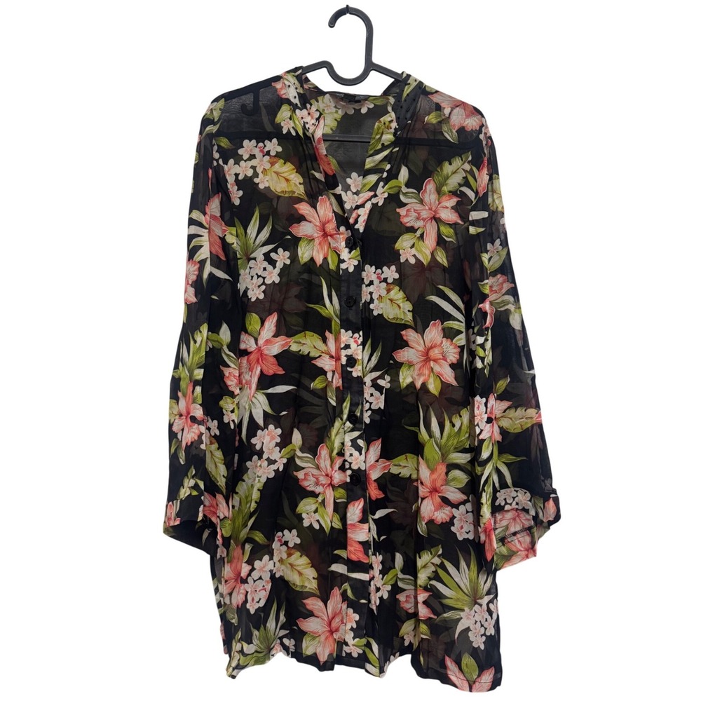 Silk Tropical Floral Beaded Tunic Blouse Black Sheer Long Sleeve Shirt Womens